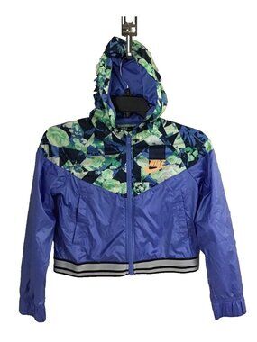 Nike Girls 6 Blue Green Floral Hooded Windbreaker Jacket